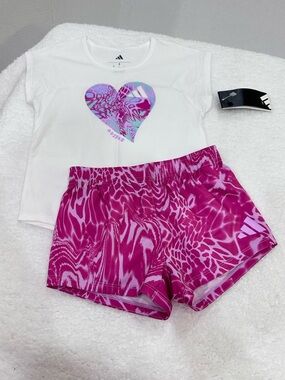 adidas White Tee with Pink Patterned Shorts Set